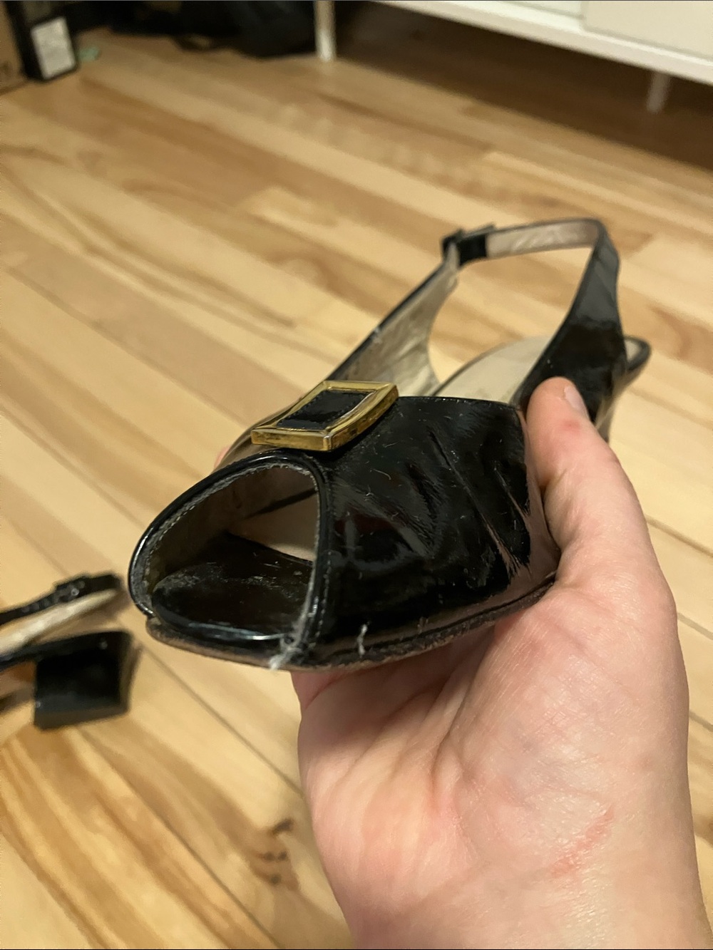Salvatore Ferragamo Black Patent Slingback Peep-toe Pumps with Gold Buckle - Picture 8 of 15